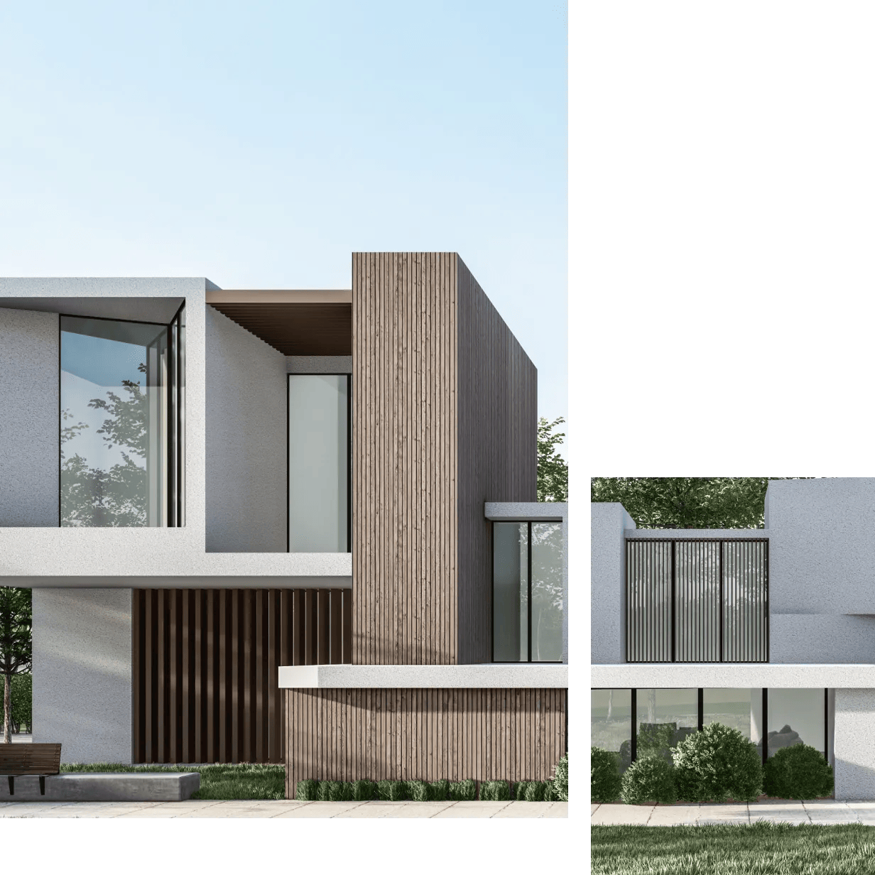 Modern, minimalist architectural design by Pamela Medina with wood accents and large windows, reflecting functionality and environmental respect.